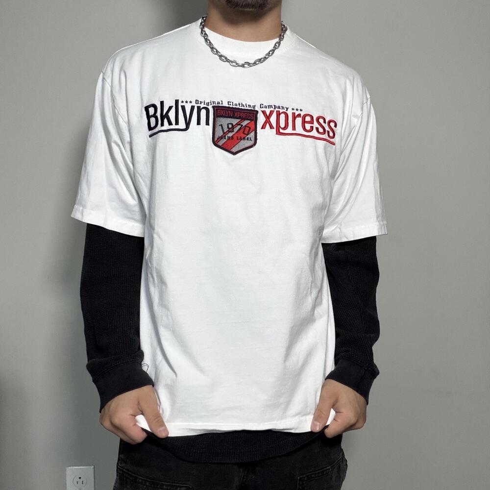 Y2K Brooklyn Xpress Shirt Mens XL White Bklyn Xpress Logo Graphic Tee Top